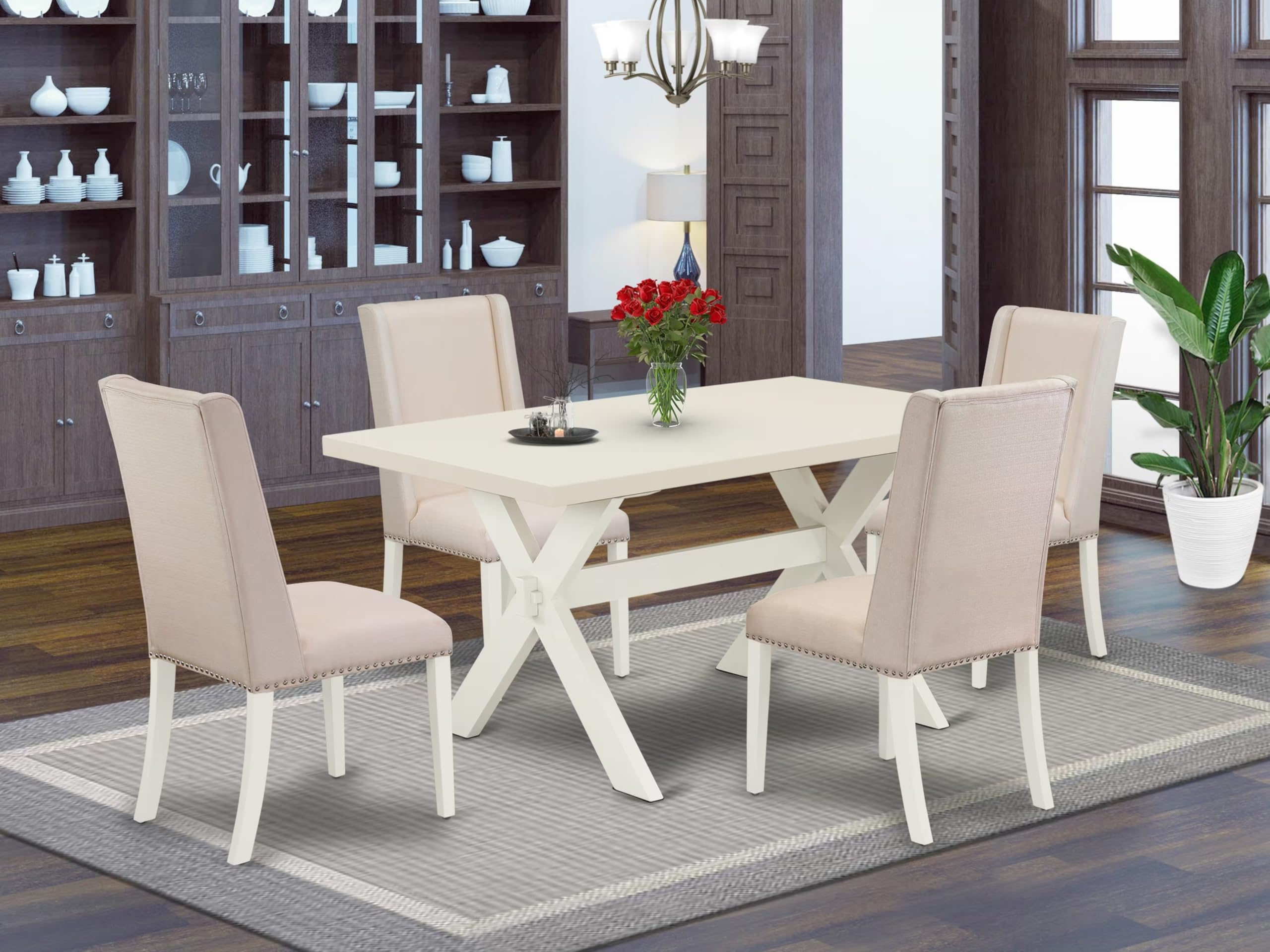 East West Furniture X026Fl201-5 5 Piece Dinette Set For 4 Includes A Rectangle Dining Room Table With X-Legs And 4 Cream Linen Fabric Parson Dining Chairs, 36X60 Inch, Multi-Color
